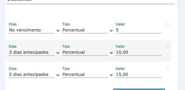 Adicione a quantidade de dias e escolha a opção em dinheiro ou percentual de desconto a ser aplicado